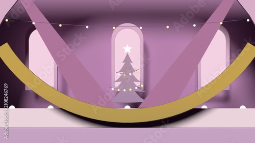 Curtain opening, slit widening crossing beams, snow falling, revealing tree with transparent bg