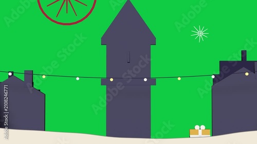 Garland appearing, decor arriving, tower topping star, forming winter town, transparent background
