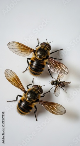 Close up of three bees on a white background.