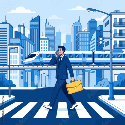 Businessman holding briefcase and talking on phone while walking on pedestrian crosswalk in modern urban city illustration