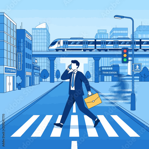 Businessman holding briefcase and talking on phone while walking on pedestrian crosswalk in modern urban city illustration