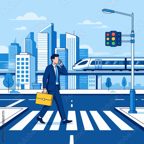 Businessman holding briefcase and talking on phone while walking on pedestrian crosswalk in modern urban city illustration