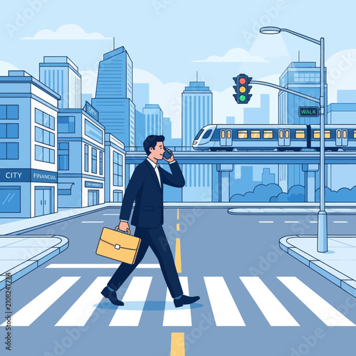 Businessman holding briefcase and talking on phone while walking on pedestrian crosswalk in modern urban city illustration