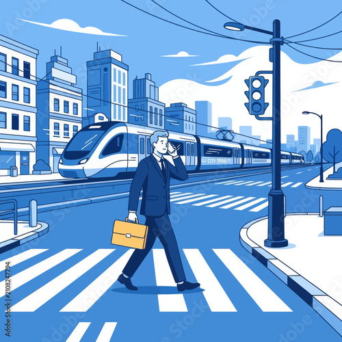 Businessman holding briefcase and talking on phone while walking on pedestrian crosswalk in modern urban city illustration