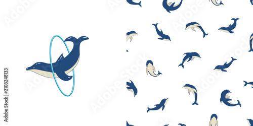 Dolphin jumps into hoop clip art and seamless pattern with dolphins. A set of vector illustrations of dolphins in a dolphinarium.