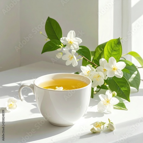 A warm mug of fragrant herbal tea sits by a window, adorned with delicate white blossoms