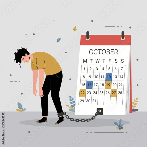 Exhausted man chained to calendar representing deadline pressure stress and work burnout vector