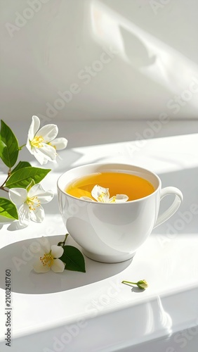 Delicate white blossoms adorn a cup of amber-hued herbal tea