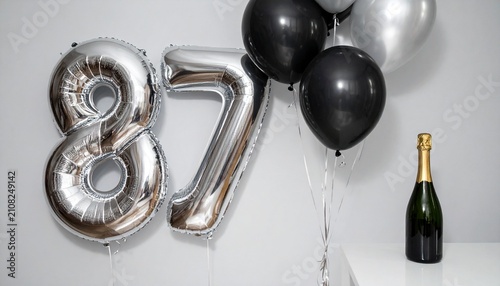 Silver Number 87 Balloon with Champagne Bottle Celebration Setup