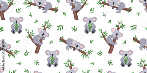 Seamless pattern Cute koala with eucalyptus branches, on a tree in different poses and expressions. Vector illustration, cartoon background, wallpaper.
