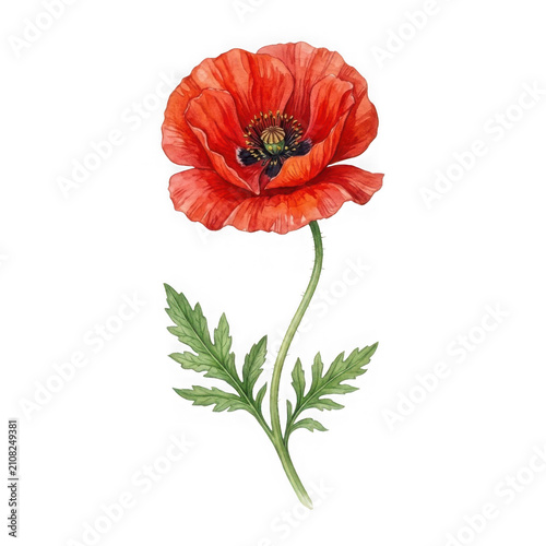 Single red poppy flower with green serrated leaves as isolated object