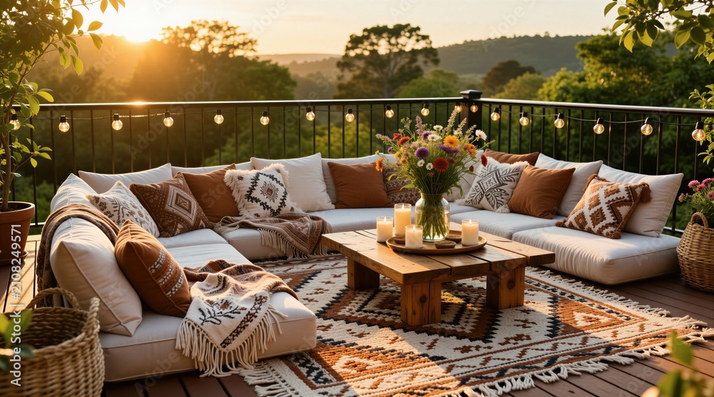 Obraz premium Bohemian outdoor deck features soft cushions, candles on wood table. Cozy patio lounge area with patterned rug at golden sunset light. Comfortable furniture on balcony terrace with string lights in