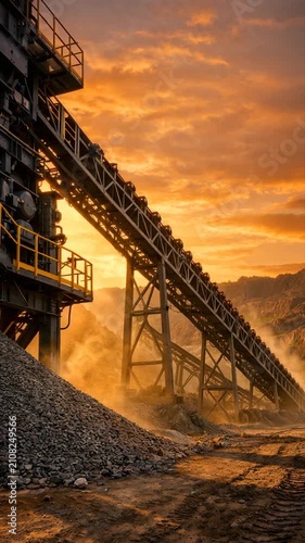 Industrial quarry with crusher and conveyor at sunset