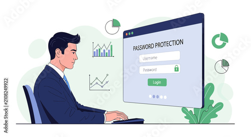 Man logging into password protection system, cybersecurity illustration
