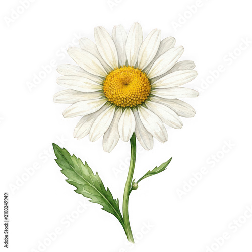 Watercolor painting of a white daisy flower with yellow center and green leaves as PNG element