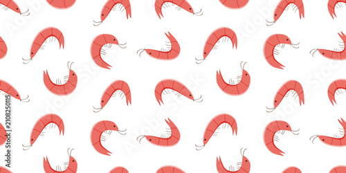 Seamless pattern of randomly arranged curved shrimps. Vector illustration of red shrimp, seafood wallpaper background.