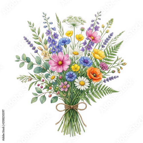 Watercolor wild flower bouquet with colorful summer blossoms and green foliage as transparent cutout