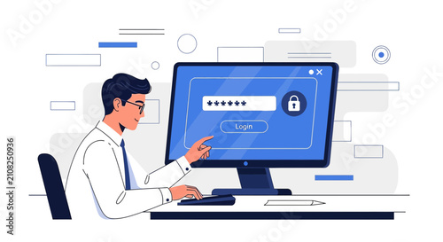 Man logging into computer with password and lock icon, digital security concept