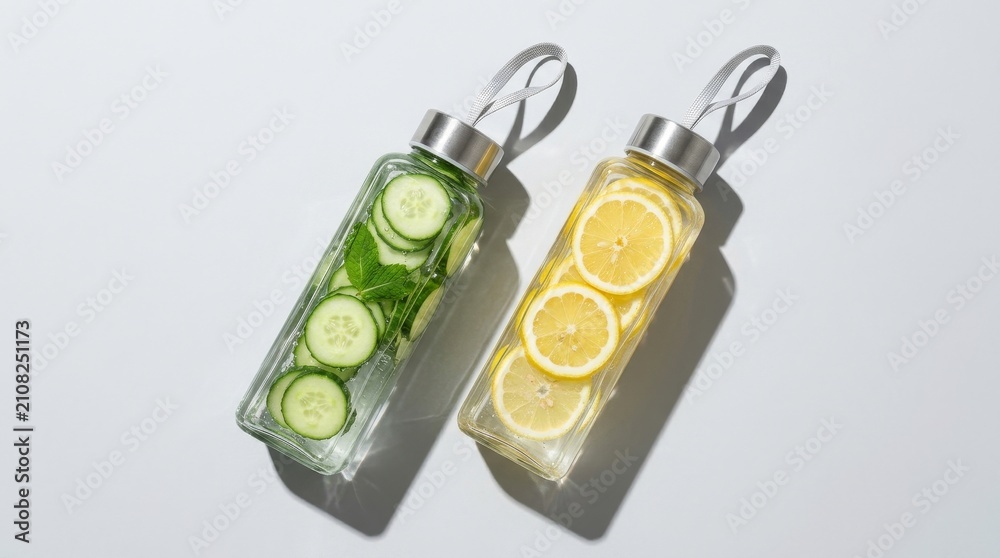 Obraz premium Tasty Water drink detox in bottles on white table, hard shadow at sunlight. Self care, wellness, diet, healthy living concept. Glass reusable water bottle, eco friendly still life minimal aesthetics