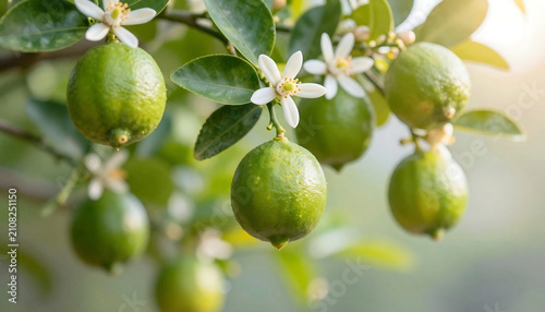 Close up of young kumquats growing on a branch with blossoms and green leaves