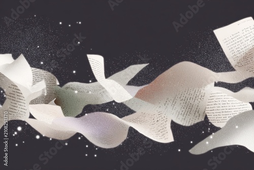 Floating book pages whispering across a dark backdrop with tiny illuminated sparks for literary background and creative banner design