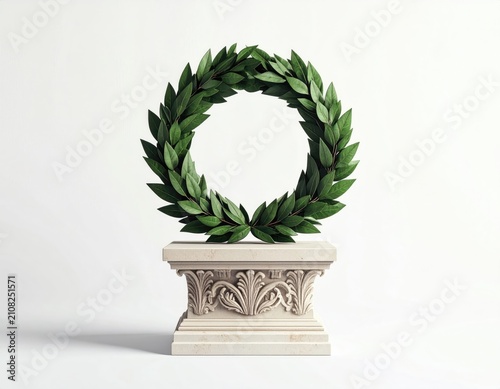 Green laurel wreath rests atop a classical stone pedestal against a white background