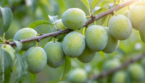 Abundant green plums hanging from branches bathed in sunlight