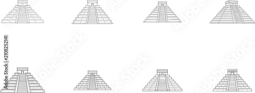 Chichen Itza pyramid icon set for Mexico travel, Maya history, archaeology, tourism, and vector design.