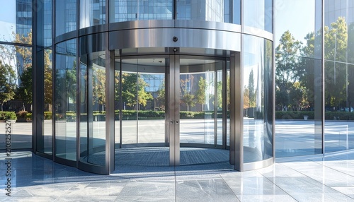 Sleek glass revolving door entrance to modern building, reflecting trees
