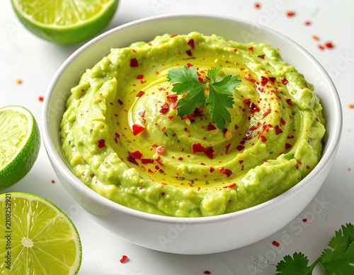 Creamy avocado dip drizzled with oil, garnished with chili flakes & herb