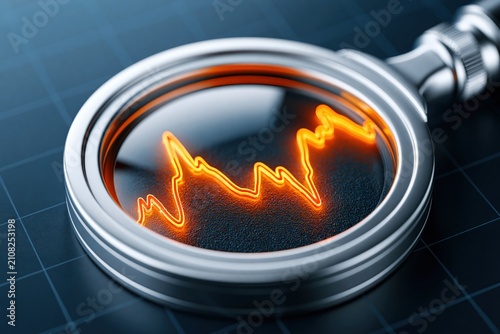 A magnifying glass highlights an orange fluctuating financial graph on a dark grid background, symbolizing market analysis and data monitoring.
