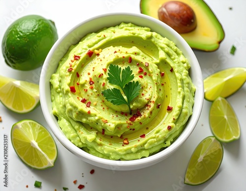 Creamy avocado dip garnished with herbs and chili flakes, served with limes