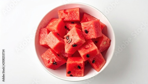Bright red, cubed watermelon pieces with black seeds fill a white bowl