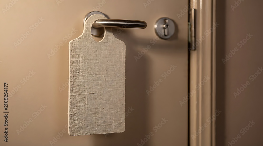 Fototapeta premium Blank door hanger on a hotel room doorknob.