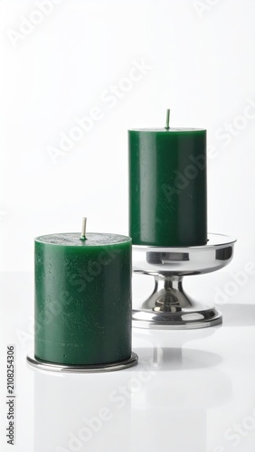 Two forest green pillar candles, one on pedestal, white background