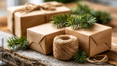 Black Friday /Cyber Monday concept traditional flat lay photography for a sales campaign design. A composition on a clean wooden desk featuring neat arrangements of unlabelled kraf