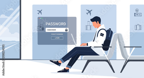 Man entering password on laptop at airport waiting area, cybersecurity concept