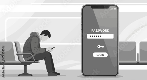 Man enters password on phone in waiting area, digital login concept