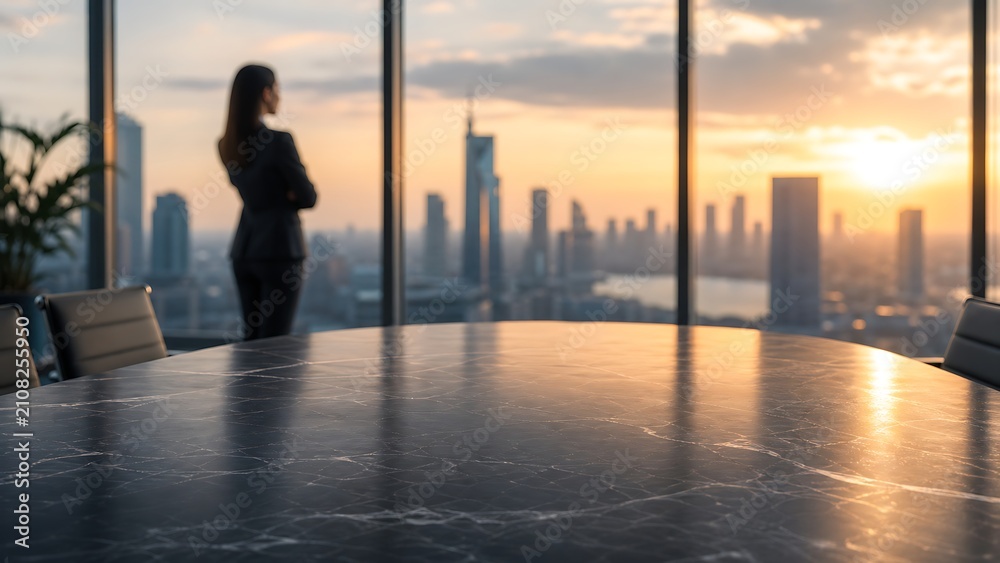 Fototapeta premium Dark marble conference table with silhouette of businesswoman looking out sunset window, symbolizing corporate leadership, business vision, strategy, and success