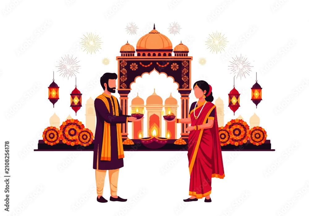 Obraz premium Vector flat design illustration of a couple celebrating Diwali with diyas and traditional Indian decorations