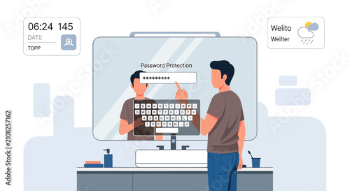 Man entering password on computer, reflection in mirror, digital security concept