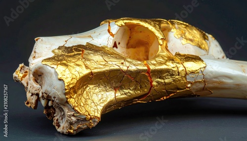 Ancient skull artfully adorned with cracked gold leaf