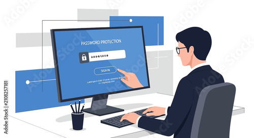 Man entering password on computer screen, digital security concept