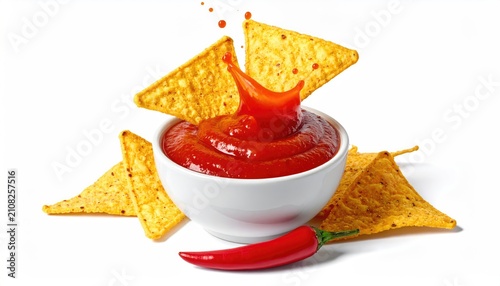Golden chips dip into vibrant salsa, with a chili pepper