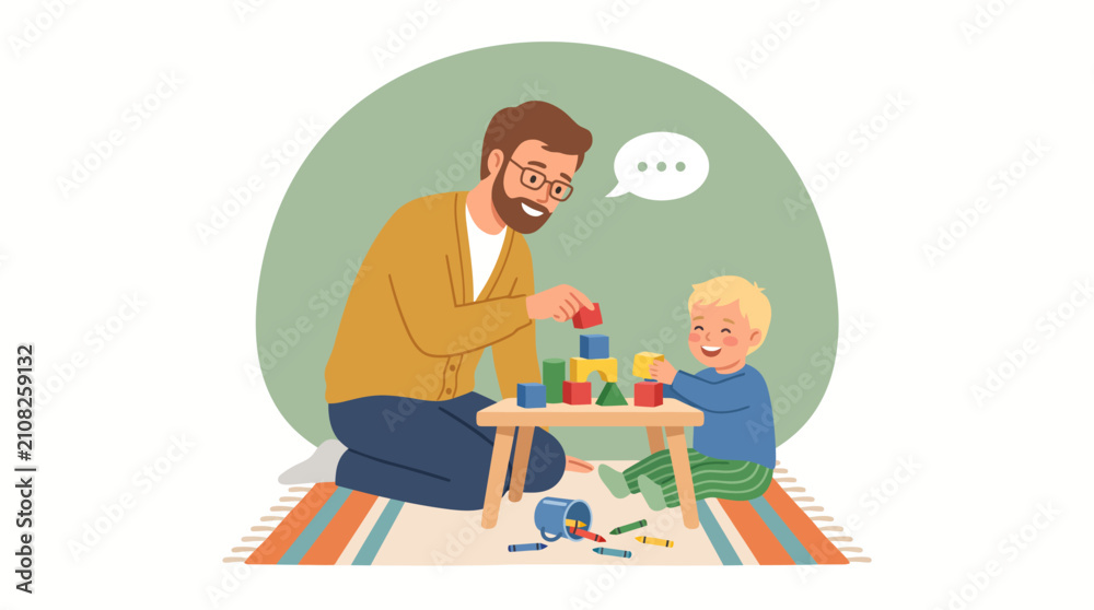 Fototapeta premium Father and son playing with colorful toy wooden blocks together at home flat vector illustration concept of parenting and early child development