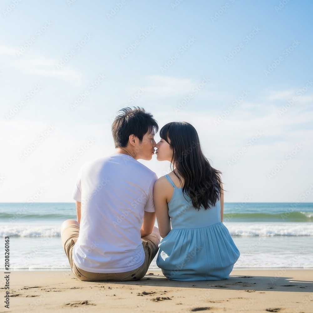 Fototapeta premium 海辺に座りキスをする若いカップルの後ろ姿