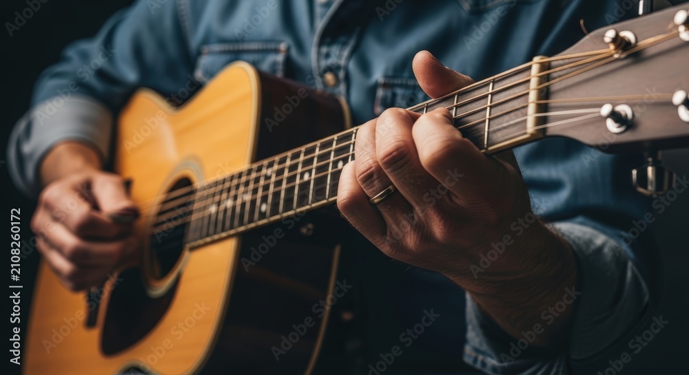 Obraz premium Close-up of a person playing an acoustic guitar with focus on hands and strings.