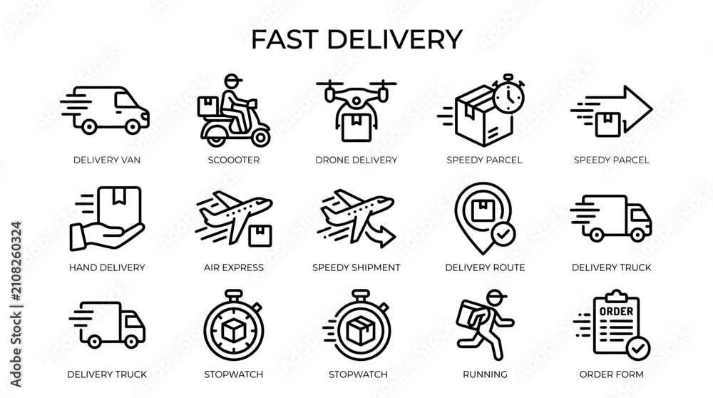 Fototapeta premium Vector set of fast delivery and logistics icons showing shipping methods, cargo transportation, and transport services