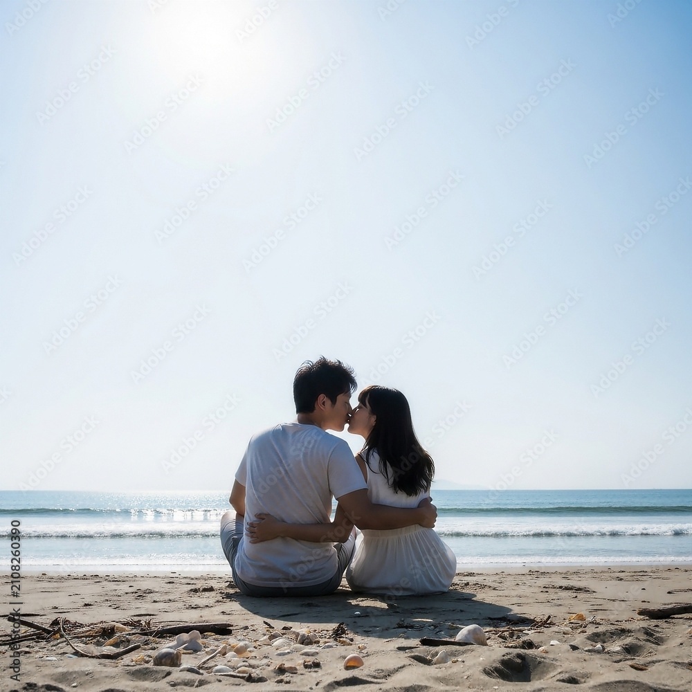 Fototapeta premium 海辺に座りキスをする若いカップルの後ろ姿
