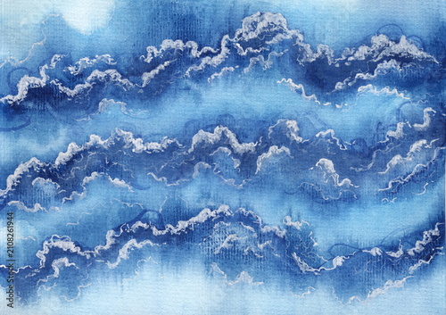 Sea waves on top view. Watercolor hand painted illustration.